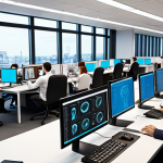 **A busy office scene, illustrating the integration of AI and automation in a modern workplace. Show data analysts collaborating with AI tools, programmers developing new systems, and cybersecurity experts monitoring network security, showcasing "Technological Innovators" and "Cybersecurity Specialists" in action.**