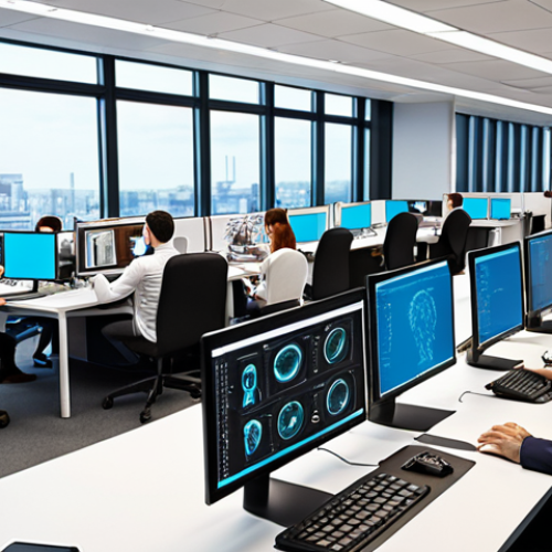 **A busy office scene, illustrating the integration of AI and automation in a modern workplace. Show data analysts collaborating with AI tools, programmers developing new systems, and cybersecurity experts monitoring network security, showcasing "Technological Innovators" and "Cybersecurity Specialists" in action.**