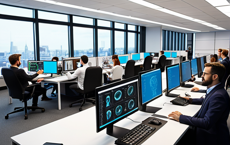 **A busy office scene, illustrating the integration of AI and automation in a modern workplace. Show data analysts collaborating with AI tools, programmers developing new systems, and cybersecurity experts monitoring network security, showcasing "Technological Innovators" and "Cybersecurity Specialists" in action.**