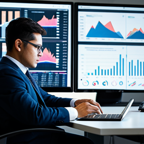 A focused professional economist, male, fully clothed in a modest business suit, seated at a sleek modern desk. His hands are resting naturally on a tablet displaying complex financial charts and intricate data visualizations. The background is a contemporary office setting with large monitors showing analytical models and graphs that convey clarity emerging from complexity. The scene is illuminated by soft, professional lighting. Perfect anatomy, correct proportions, natural pose, well-formed hands, proper finger count, natural body proportions, professional photography, high quality, safe for work, appropriate content, family-friendly.
