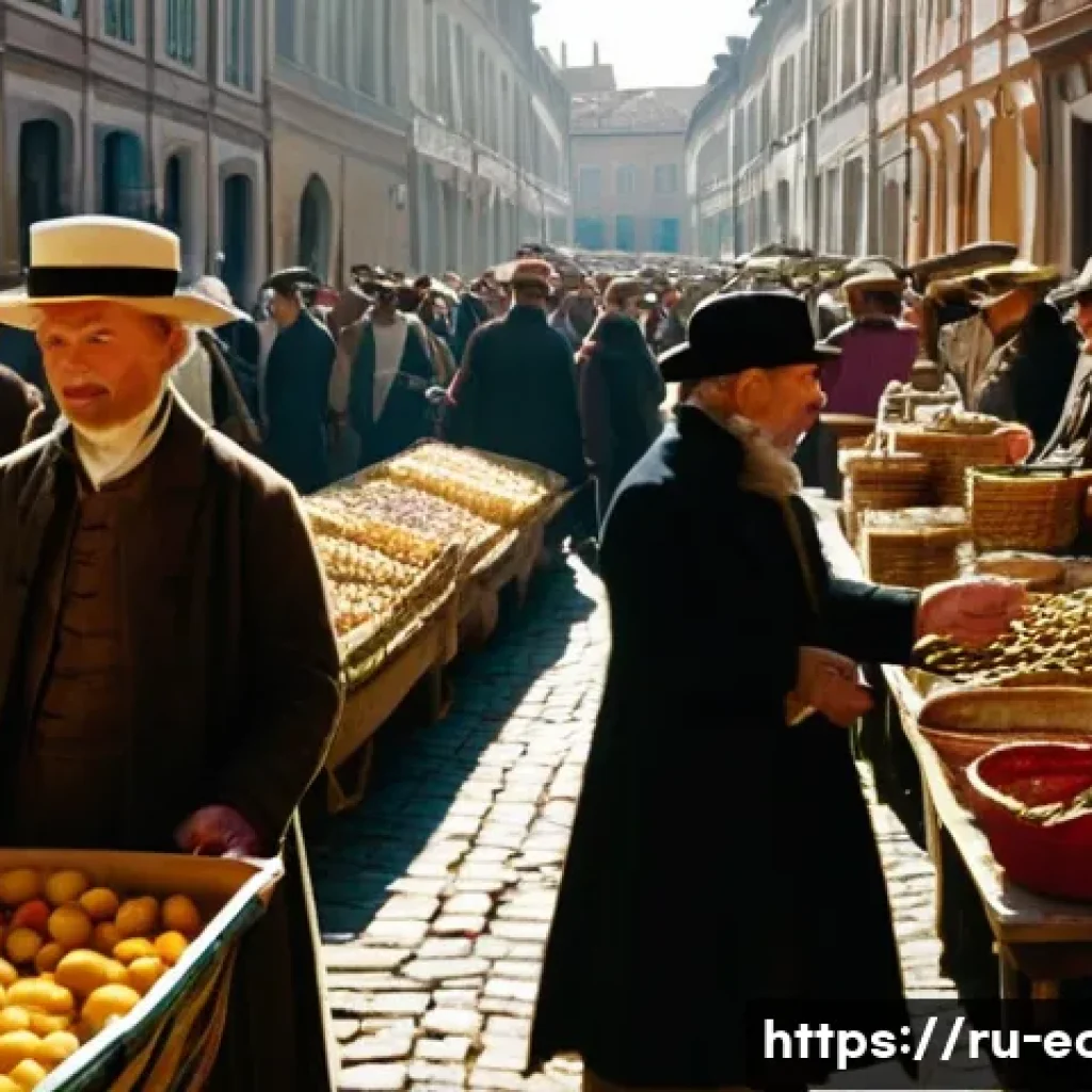 경제학파 비교 분석 - **Prompt:** A vibrant, bustling 18th-century European marketplace. Sunlight streams down, illuminati...