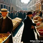 경제학파 비교 분석 - **Prompt:** A vibrant, bustling 18th-century European marketplace. Sunlight streams down, illuminati...