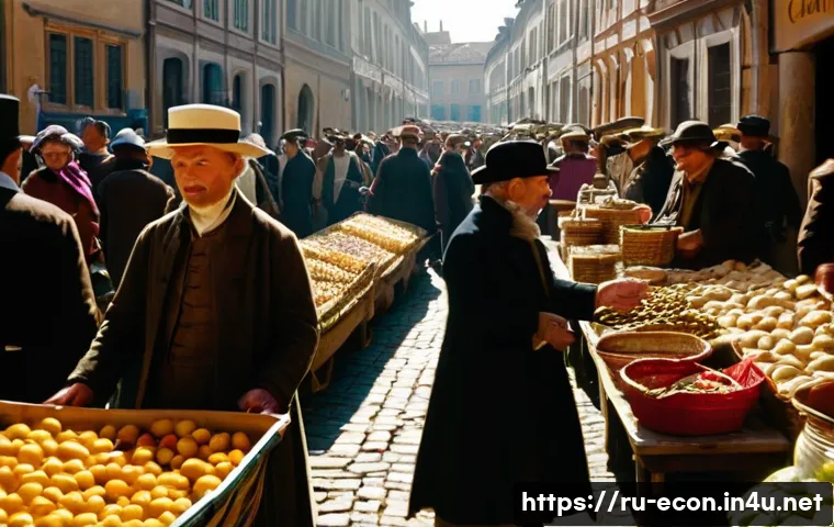 경제학파 비교 분석 - **Prompt:** A vibrant, bustling 18th-century European marketplace. Sunlight streams down, illuminati...