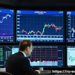효율적 시장 가설 - A sophisticated financial trading room in Moscow, featuring multiple large digital screens displayin...