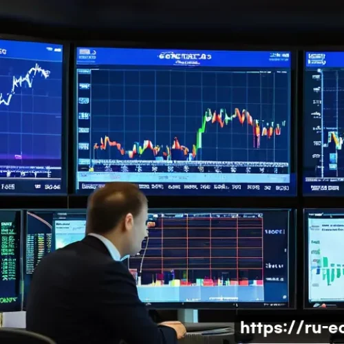 효율적 시장 가설 - A sophisticated financial trading room in Moscow, featuring multiple large digital screens displayin...